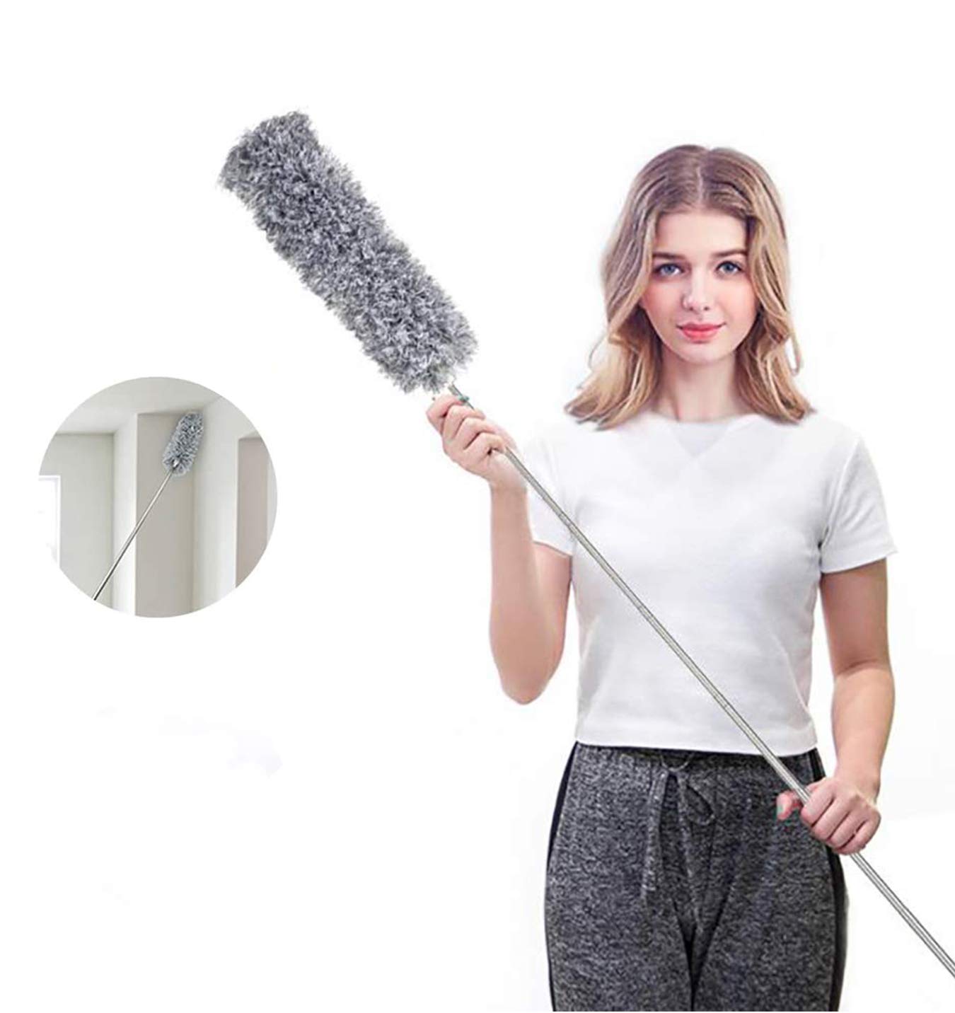 Microfiber Duster with Extension Pole(Stainless Steel), Extra Long 100 inches, with Bendable Head, Extendable Duster for Cleaning High Ceiling Fan, Interior Roof, Cobweb, Gap Dust- Wet or Dry Use