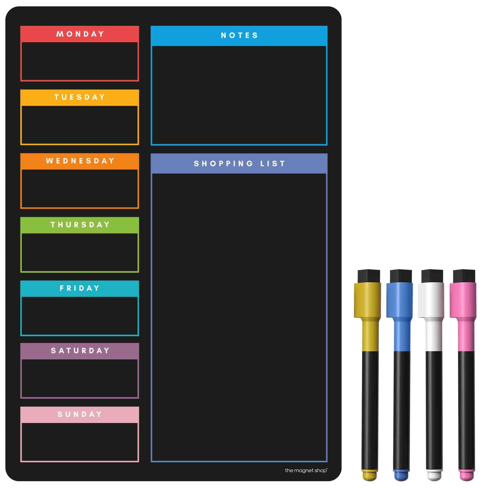 TMS A3 / A4 Multi-Coloured Magnetic Weekly Planner/Memo Board/Calendar – Whiteboard, Shopping List and Meal Planner - with 4 Magnetic Dry Wipe Pens and Eraser (Colour Weekly Chalkboard, A3)