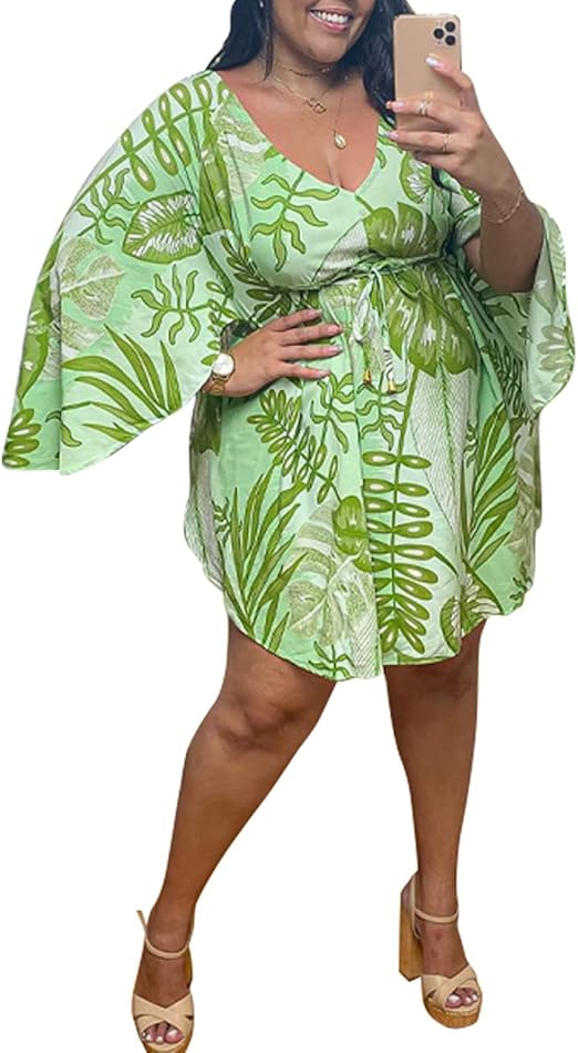 Queenromen Green Floral Dresses for Women Plus Size Sexy VNeck Bat