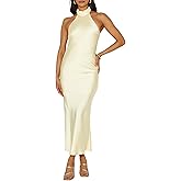Phicia Sexy Satin Halter Neck Backless Maxi Dress for Women Elegant Tie Cowl Back Formal Wedding Guest Dress for Summer