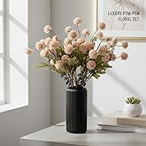 Erizhaltic 10pcs Faux Flowers with Black Vase, Artificial Pom Flowers with 4 Eucalyptus Stems, Long Stem Fake Flowers in Vase, Faux Floral Arrangement for Home Decor, Centerpiece Table Decorations