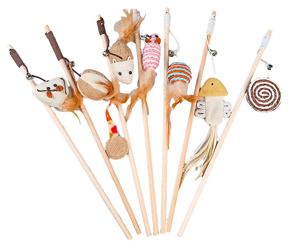 CAMITER 7pcs Kitten Cat Toy Natural Feather Teaser,Feather Ball Mice Fish Interactive Cat Toys, Teaser Wand Pet Toy