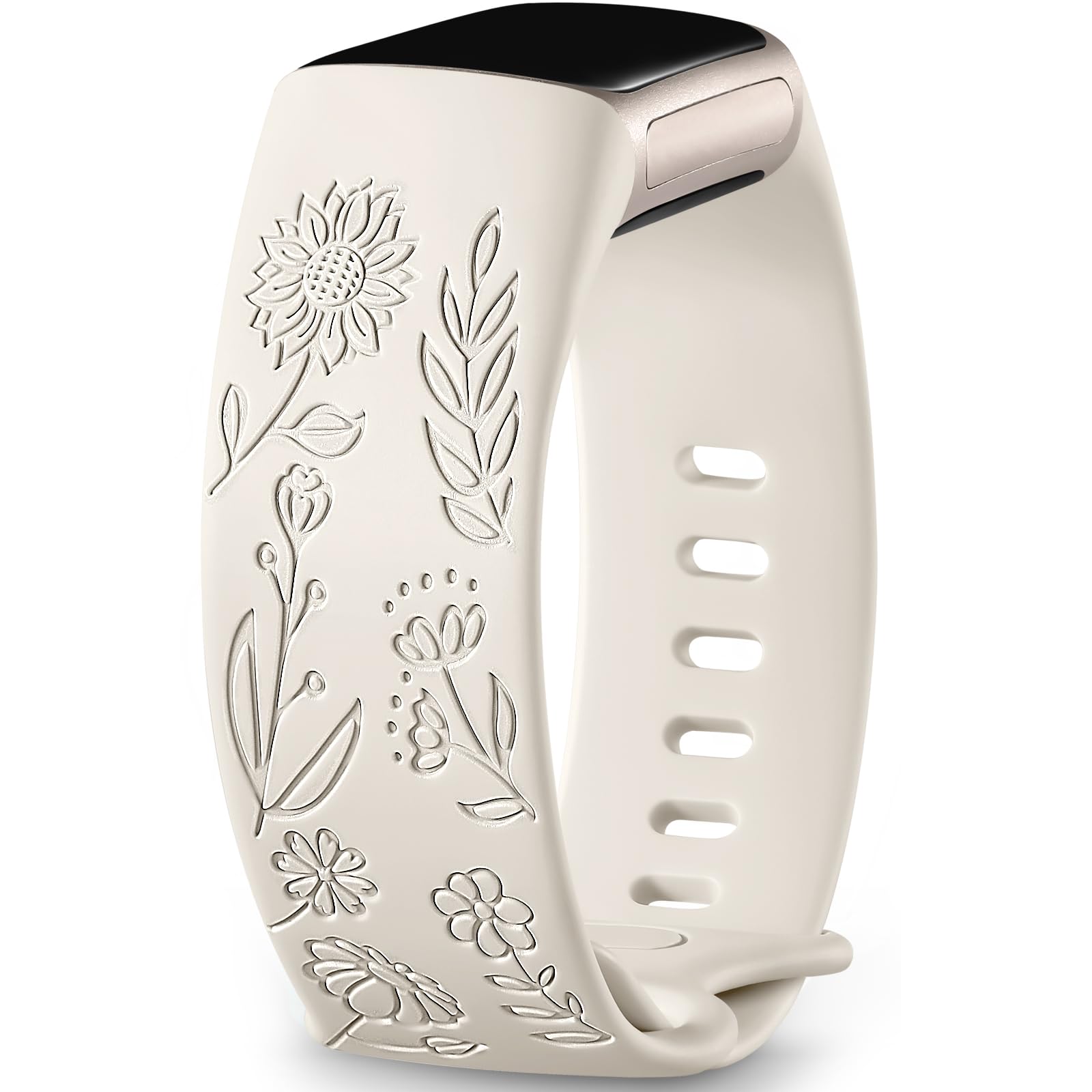Epova Sunflower Engraved Strap Compatible with Fitbit Charge 6/5, Soft Sport Silicone Replacement Band, Starlight