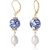 Blue & White Porcelain Pearl Earrings for Women, Lucky Four Leaf Clover Dangle Earrings, Vintage Chinoiserie Jewelry, Something Blue Wedding Bridesmaid Gift, Elegant Aesthetic Earrings