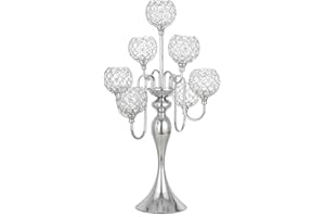 BIGSEE Silver Candelabra for Table Centerpiece with Crystal, 7 Arms 27.1 inch Tall Candle Holders with Globes for Wedding, Dining Table Centerpiece, Anniversary Celebration and Formal Event