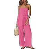 Yanekop Linen Sets for Women 2 Piece Pants Summer Outfits Matching Lounge Sets Spaghetti Strap Tank Top Pants Sets
