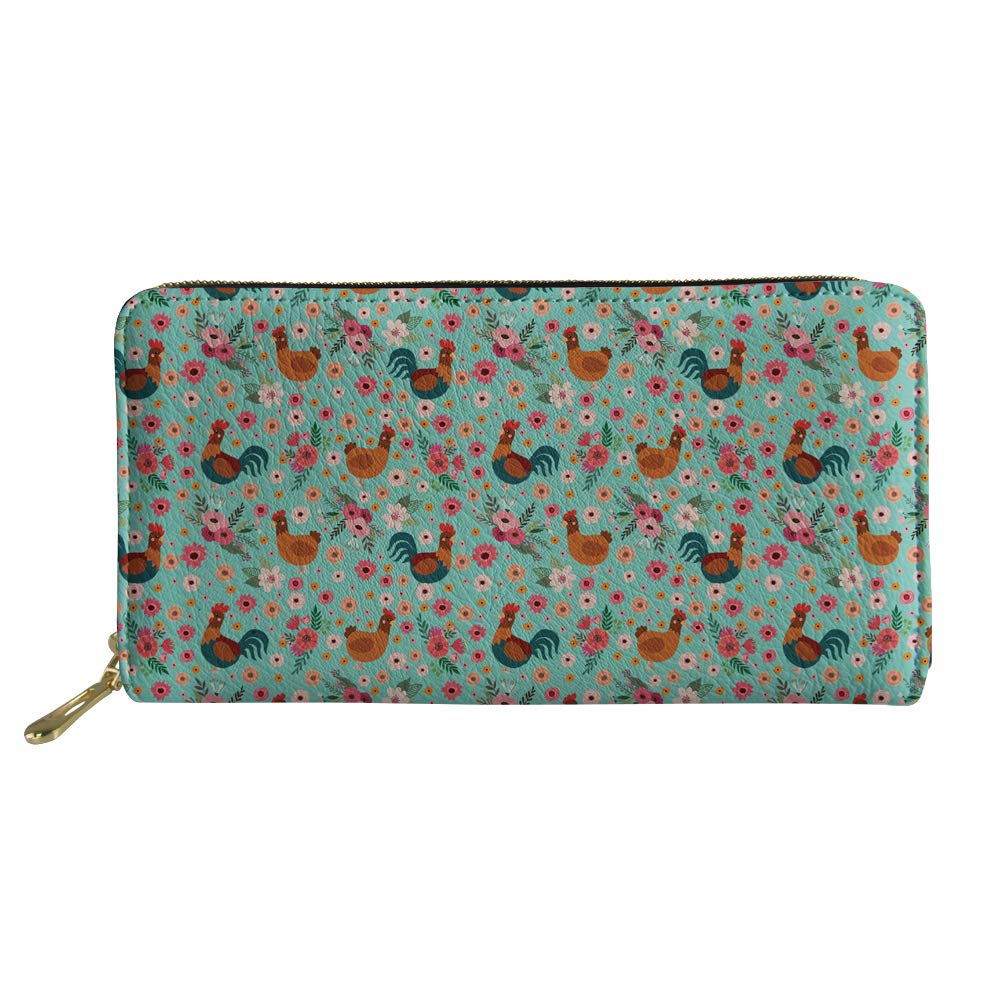 HUGS IDEA Flowers Chicken Print Women Zip Around Organizer Wallet PU Long Purse Clutch