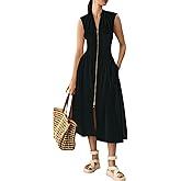 GUNEST Womens Dress Deep V Neck Zip Up Cap Sleeve Smocked Elastic Waist Split Summer Casual Midi Dress with Pockets