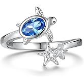 Zepmais Adjustable Sea Turtle Starfish Ring 925 Sterling Silver for Women-Ocean-Themed Beach Jewelry-Boho Coastal Summer Ring