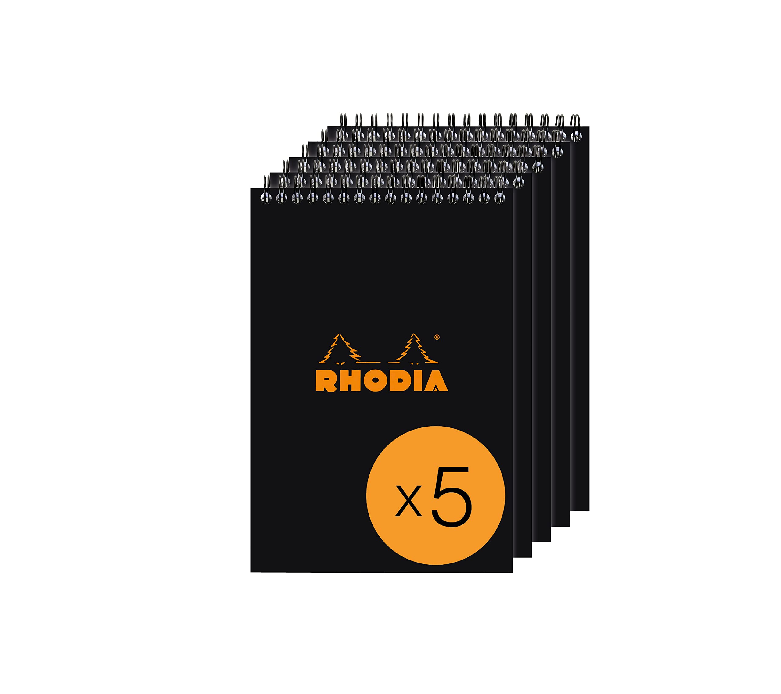 RHODIA 165019C - Spiral Notebook (Full Bound) Black - A5 - Lined - 80 Detachable Sheets - White Clairefontaine Paper 80 g/m² - Coated Card Cover - Pack of 5 pads