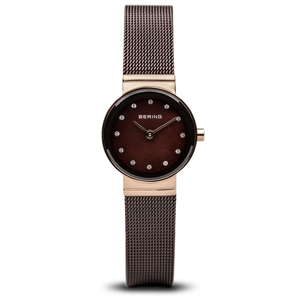 BERING Women's Quartz Watch, 22 mm Rose-Gold Stainless-Steel Case and Brown Dial, Milanese Strap, Sapphire Crystal, 3 ATM, 10122-265