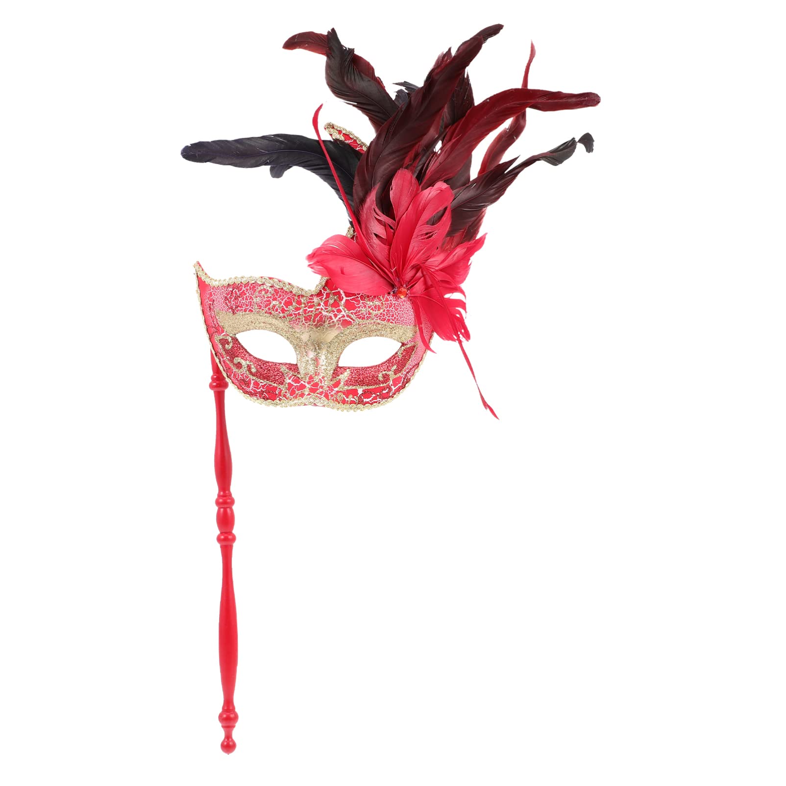 FRCOLOR Masquerade Masks on Stick Venetian Eye Mardi Gras Costume Half Face Carnival Hand Held Stick Party Masks Favors For Masquerade Ball Prom Wedding Red