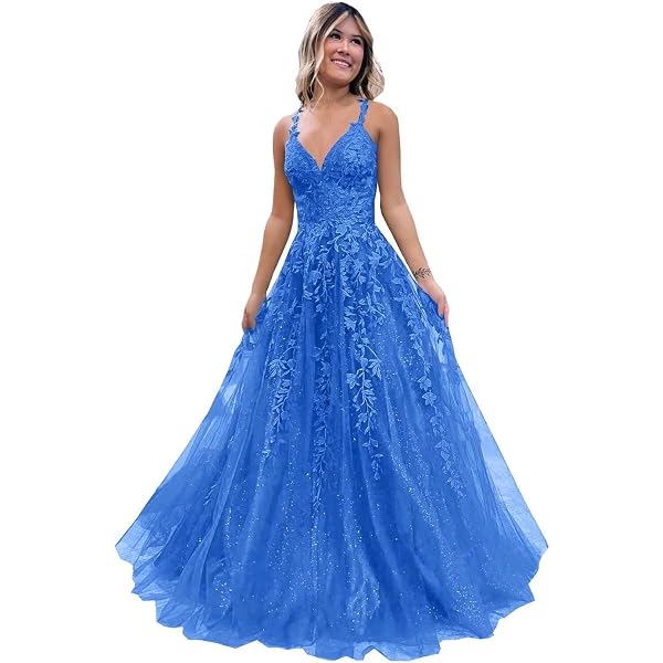 Glitter Prom Dress For Teens – V-Neck Lace Tulle Ball Gown With Spaghetti Straps | 2024 Formal Evening Gown - View #10