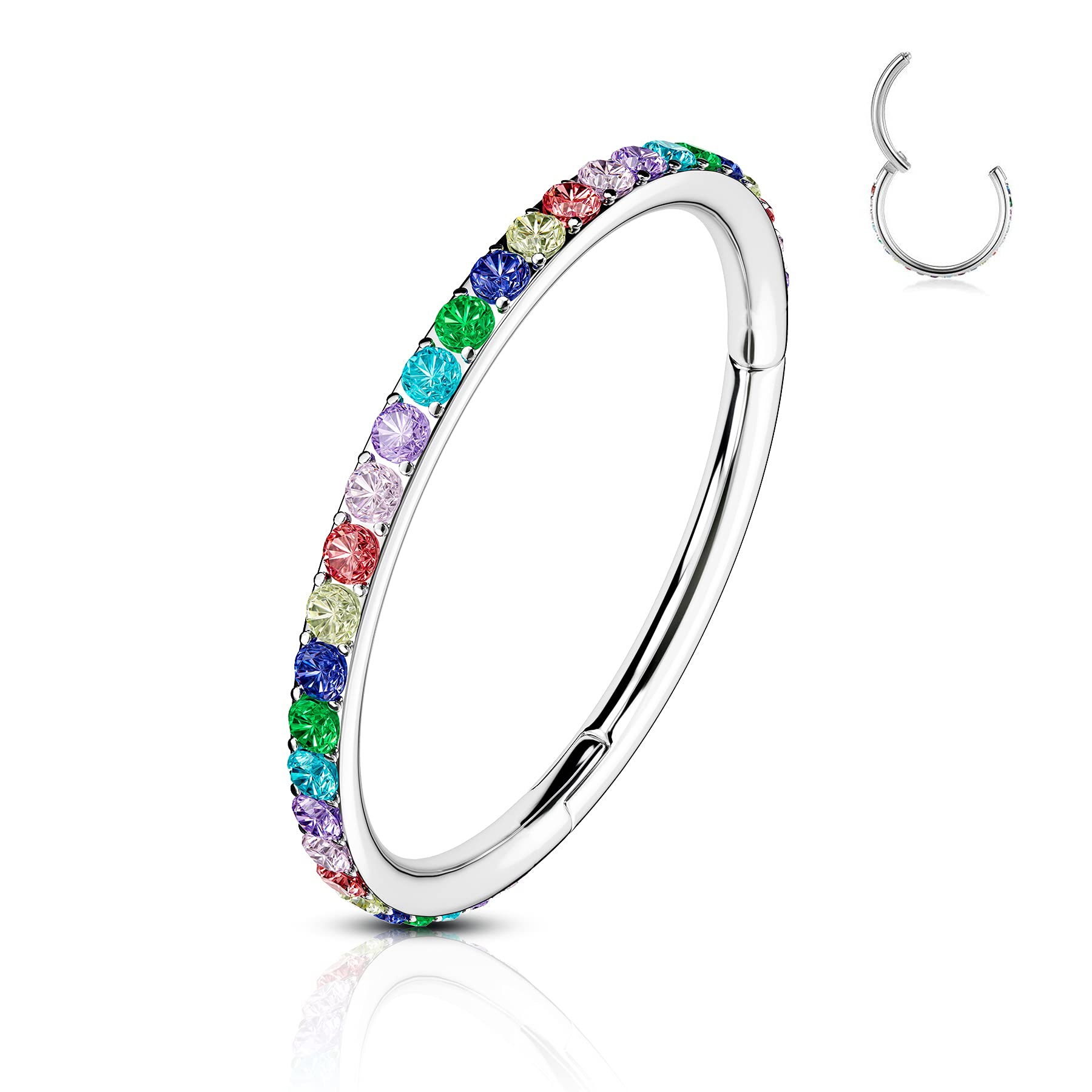 CM Crareesi Mania Helix Earrings Hoop Rainbow CZ 16G 10mm Conch Piercing Jewelry 316L Stainless Steel Hinged Segment Rings Lined Cubic Zirconia Cartilage Hoop Earrings Clicker Rings