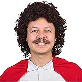 FantaLook Curly Brown Fluffy Cosplay Wig with Mustache for Adult Halloween Party