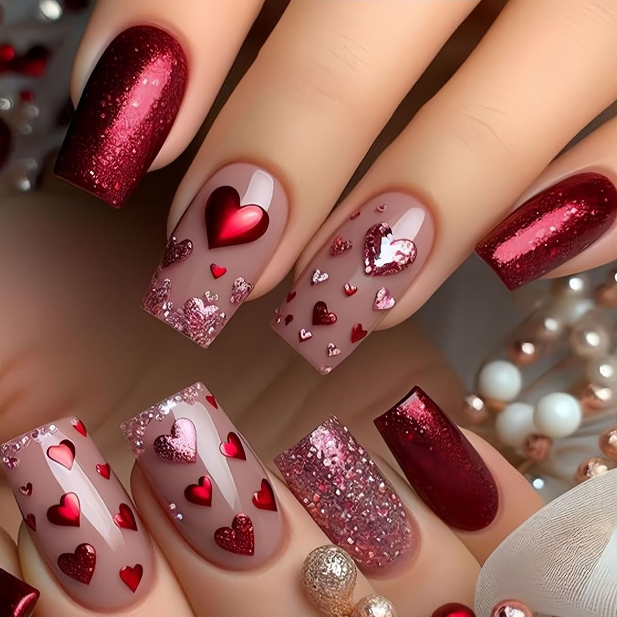Photo 1 of 24Pcs Valentines Day Press on Nails Medium WLGDLH Red Pink Glitter Fake Nails with Heart Design Nude False Nails Square Nail Tips Acrylic Glue on Nails Glossy Stick on Nail for Women