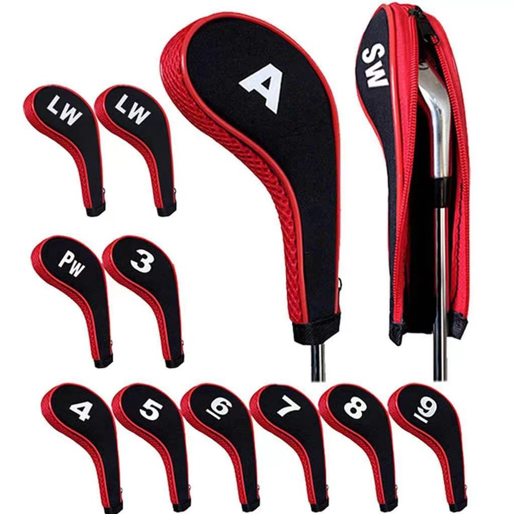 Scott Edward 12pcs Number Print Golf Club Irons Covers Neoprene Zippered Golf Wedge Covers with Long Neck Protective Mesh Golf Head Covers for Men Women Fit Most Standard Irons Red