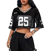 Jersey Shirts for Women Y2k Graphic Number Tees Hip Hop V Neck Short Sleeve Mesh Crop Top Baggy Streetwear T Shirt Tops