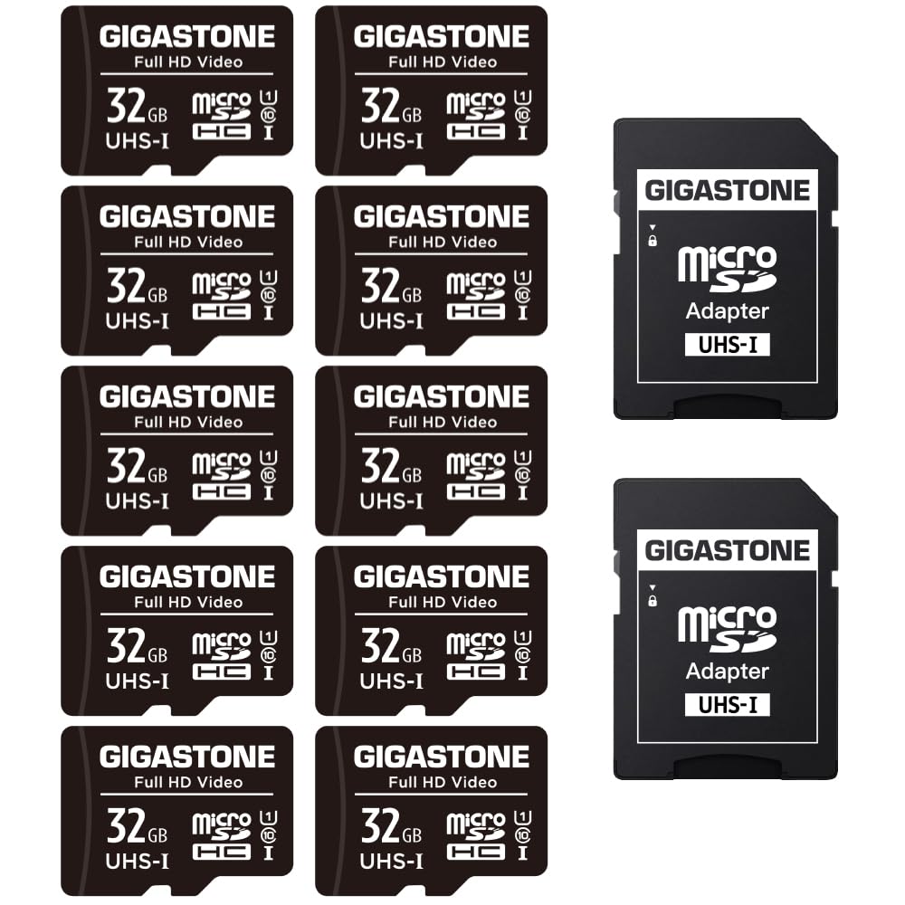 GIGASTONE Micro SD Card 32GB 10-Pack with 2x SD Adapter + 4x Mini-case, Full HD Video, Surveillance Security Cam Action Camera Drone, 90MB/s Micro SDHC UHS-I U1 C10 Class 10