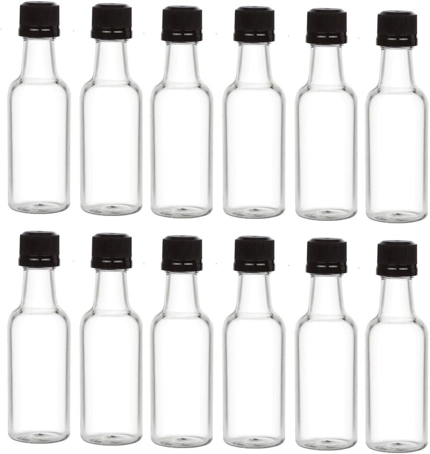 Nakpunar 12 pcs 50 ml Clear Plastic Liquor Bottles with Black Caps