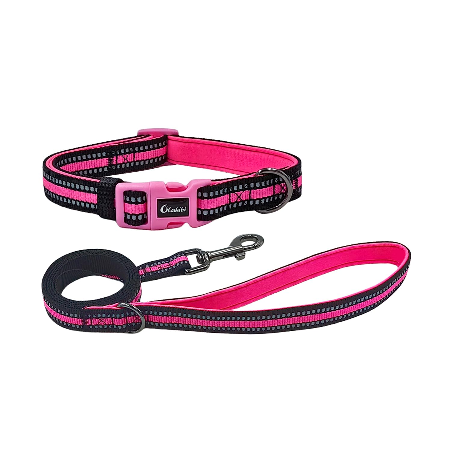 Olahibi Dog Collar and Leash Combo Set, Neoprene Padded, Polyester with Reflective Stripes, 150CM Matching Leash, for Medium Dogs.(M, Pink)