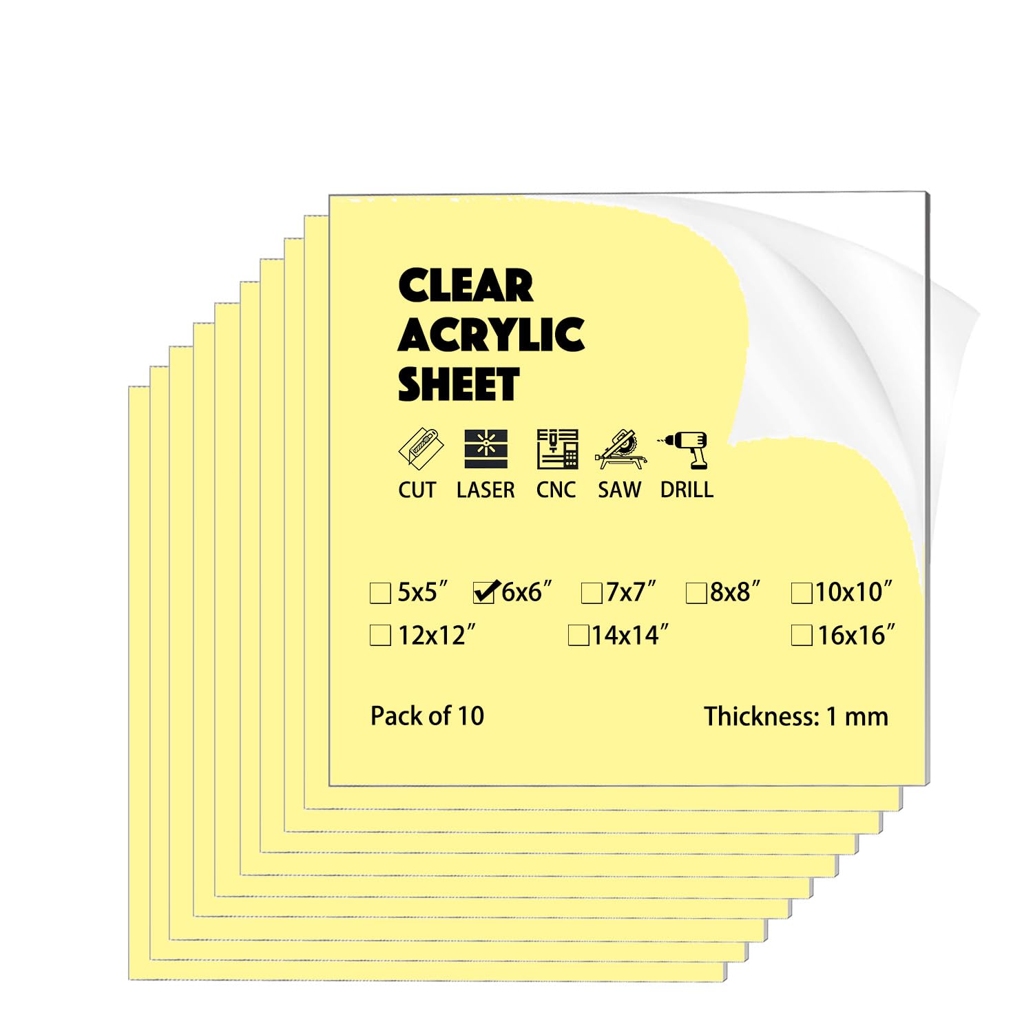 Photo 1 of 10 Pack 6"x6"x0.04"(1mm) Thick Acrylic Sheets Transparent Plexiglass Panels with Protective Film for Picture Frame Art Design, DIY Craft, Signage, Display, and Home Projects (10, 6"x6" 1mm)
