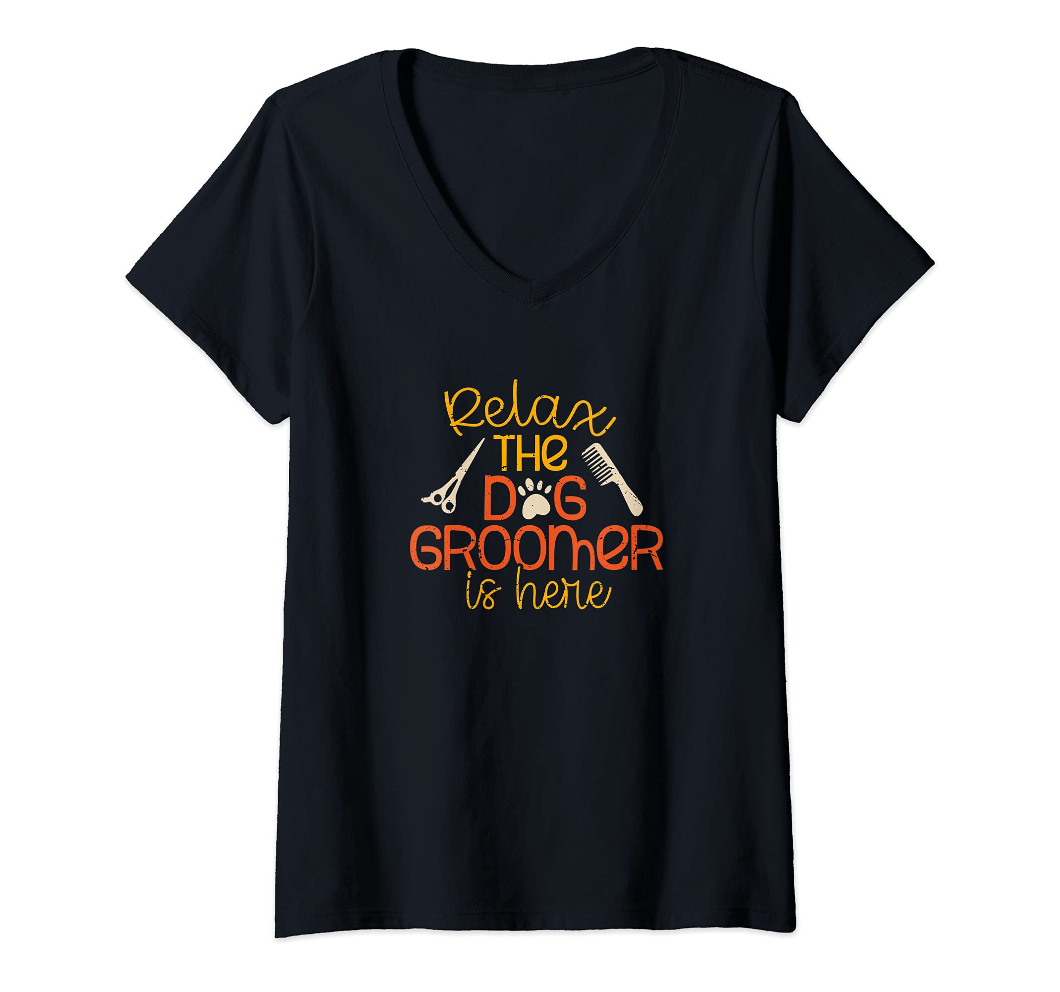 Womens Dog Groomer Is Here Pet Care Puppy Grooming V-Neck T-Shirt