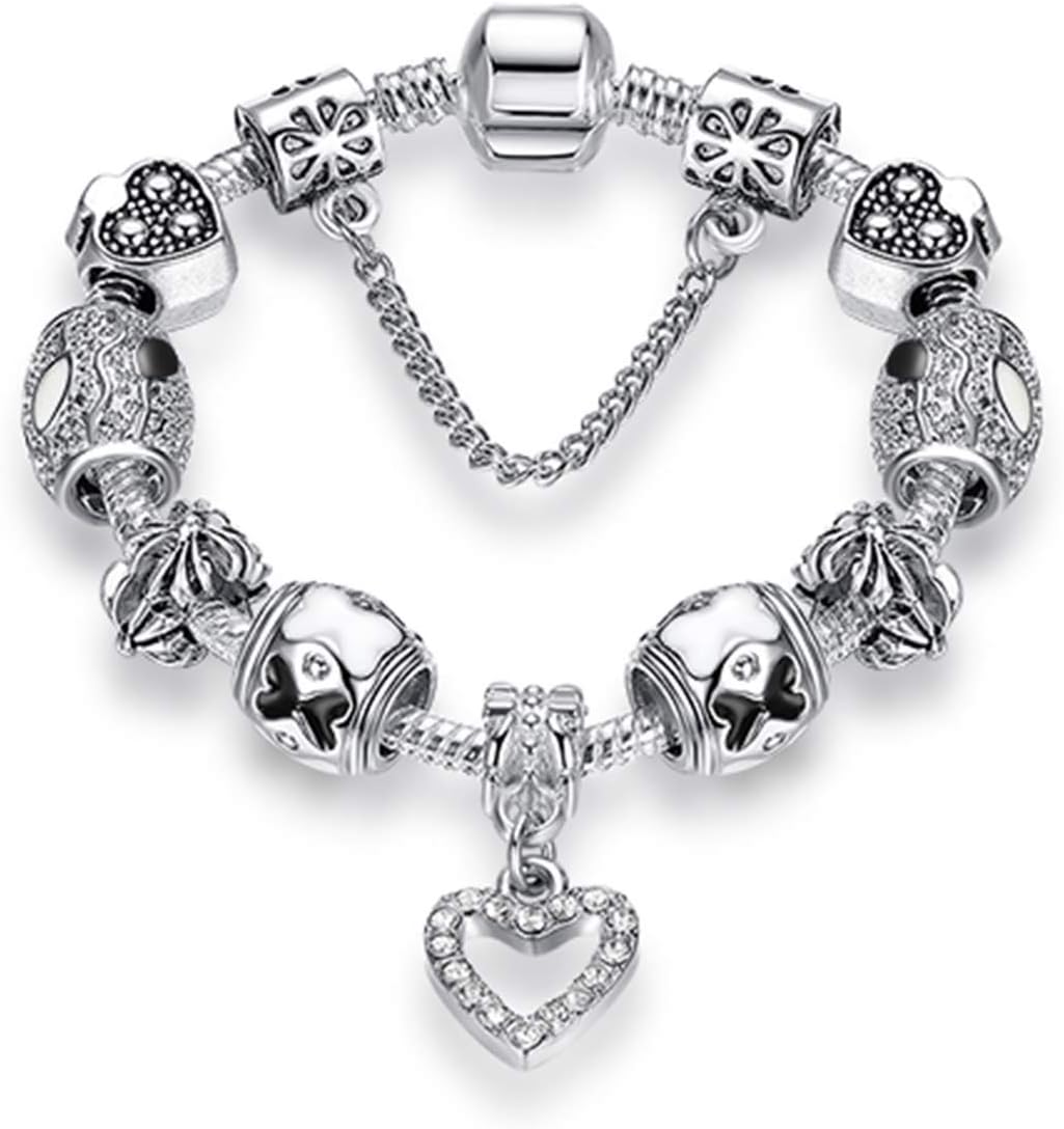 CNSP Authentic 925 Enamel Silver Crystal Beads Charms Bracelet for Women with Safety Chain Strand Bracelet Bangle PS3742 19cm