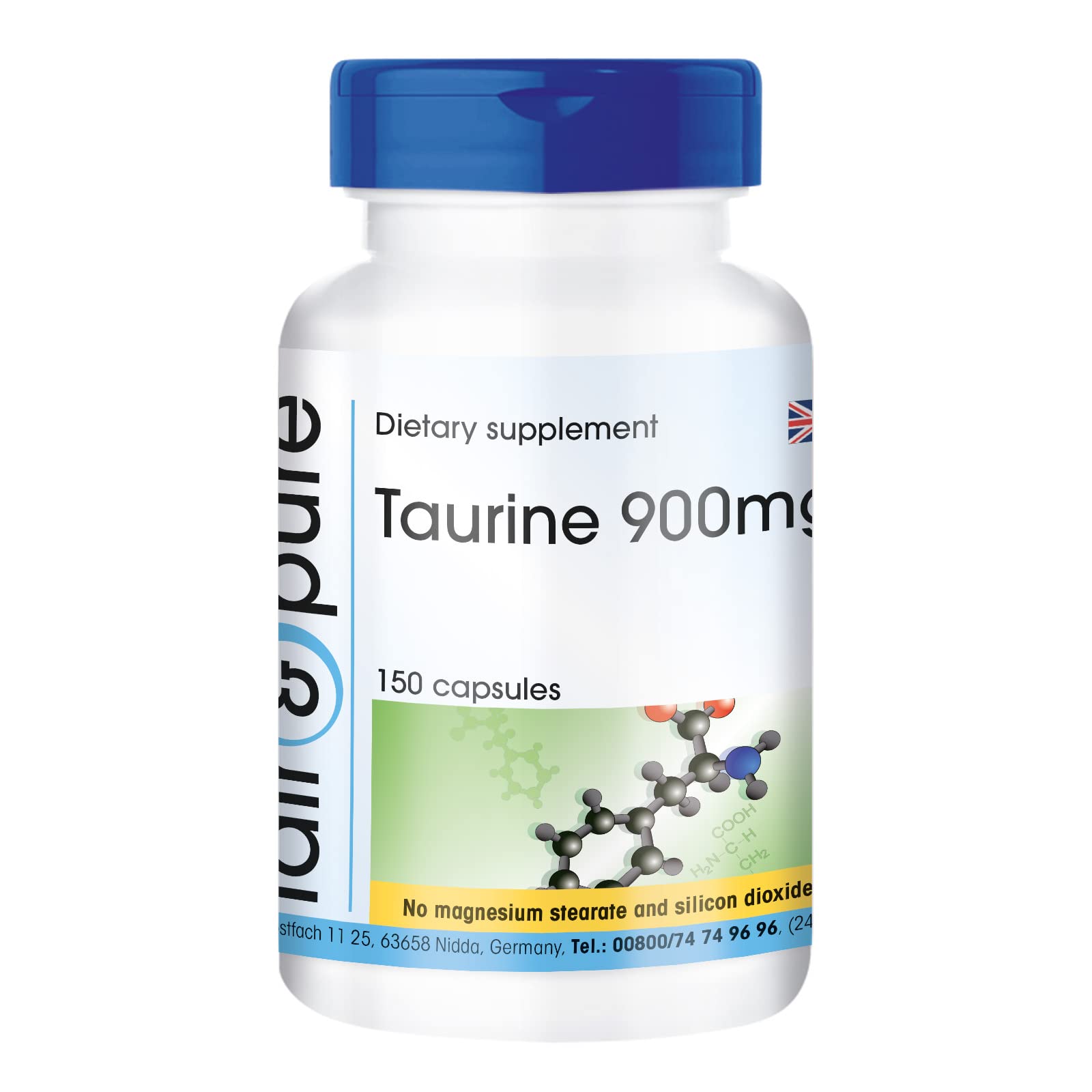 Fair & Pure® - Taurine 900mg, Vegan, 150 Capsules, Without Magnesium Stearate and Silicon Dioxide
