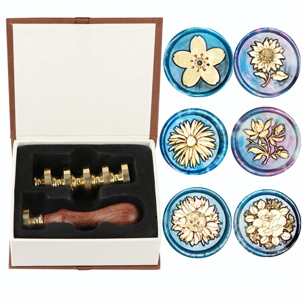 Wax Seal Stamp Set, ANBOSE Cherry Chamomile Sunflower Rose Magnolia Wax Seal Stamp Kit Including 6 Pieces Sealing Wax Stamps Copper Seals + 1 Wooden Hilt (A)