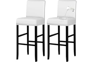 Lebaley 2 Pack Bar Stool Covers with Backs Waterproof Stretch PU Leather Bar Stool Seat Covers Slipcovers for Counter Height Chairs 14"-17" Wide, Removable & Washable for Kitchen Pub Cafe, White