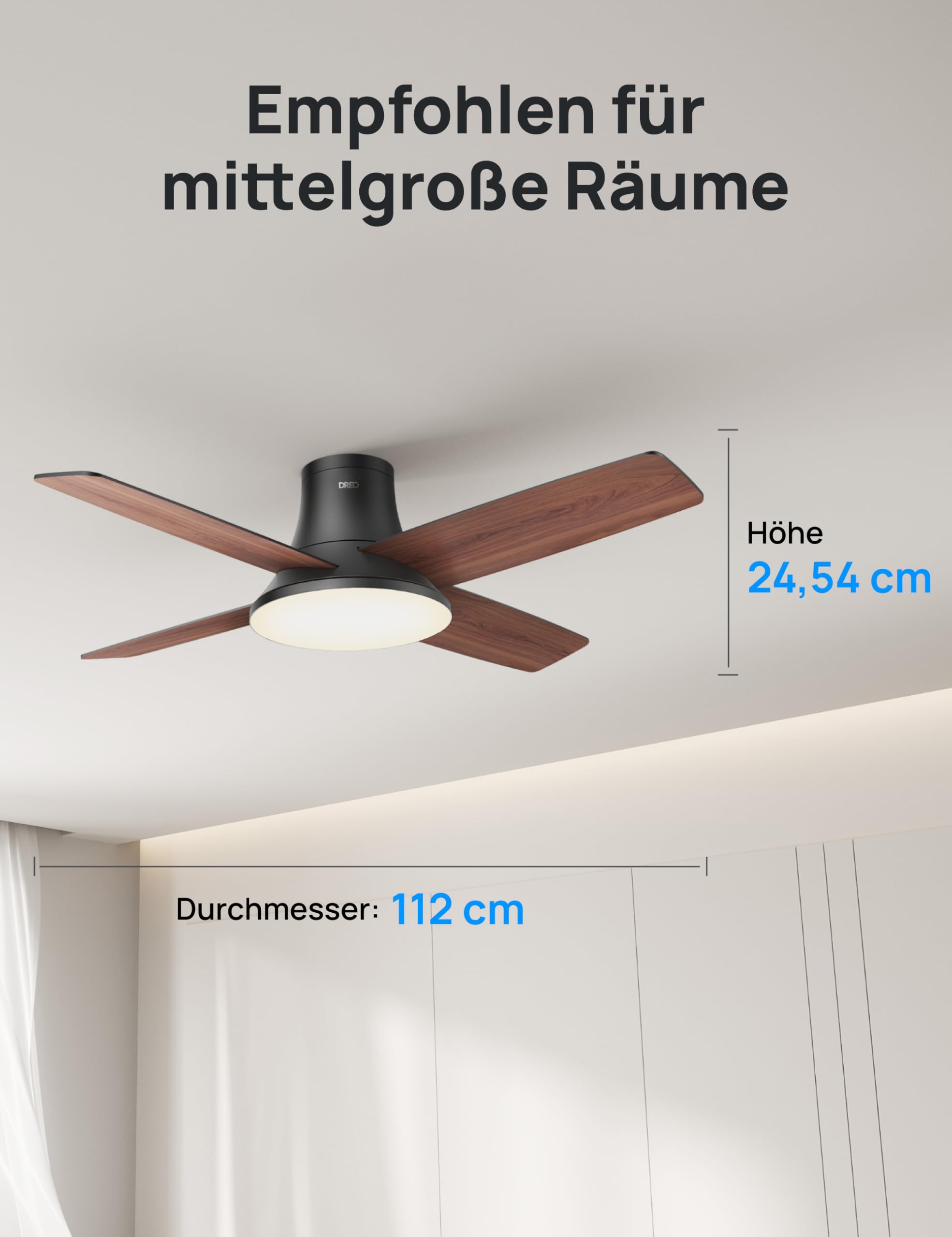 Dreo Ceiling Fan with Light and Remote Control, 44 Inch Flat Black Reversible 5CC 6 Level Dimmable 6 Speeds Quiet Timer Easy Assembly for Bedroom