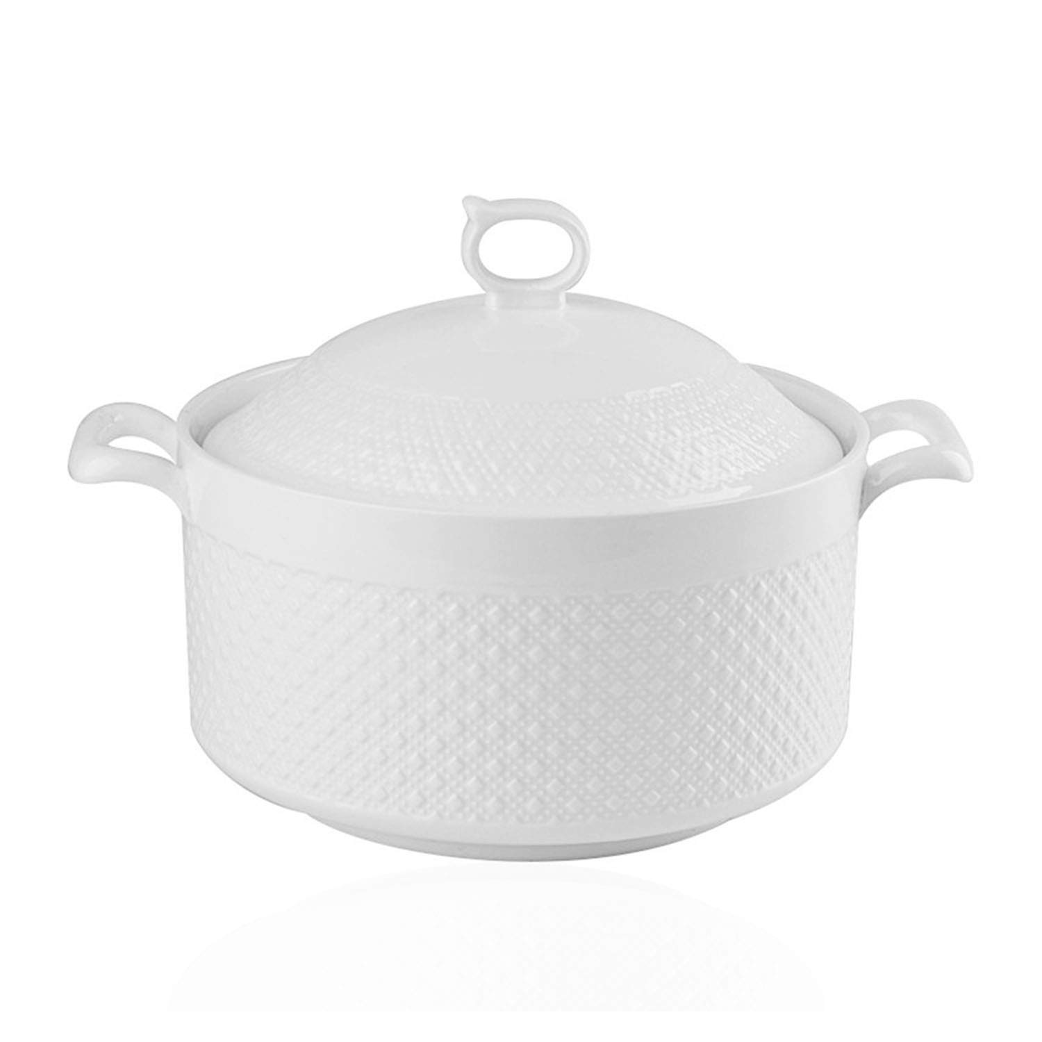 Double Handle Lid Pure White Ceramic Tureen Soup Ceramic Round White Dish Casserole/Clay Pot/Earthen Pot/Ceramic Cookware with White Lid Heat-Resistant for Gift Box (8 inches)