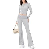 ZOOSIXX Lounge Sets for Women - 2 Piece Outfits Crop Tops with Fold Over Flare Leggings Fall Loungewear Fitted Pajama Sets