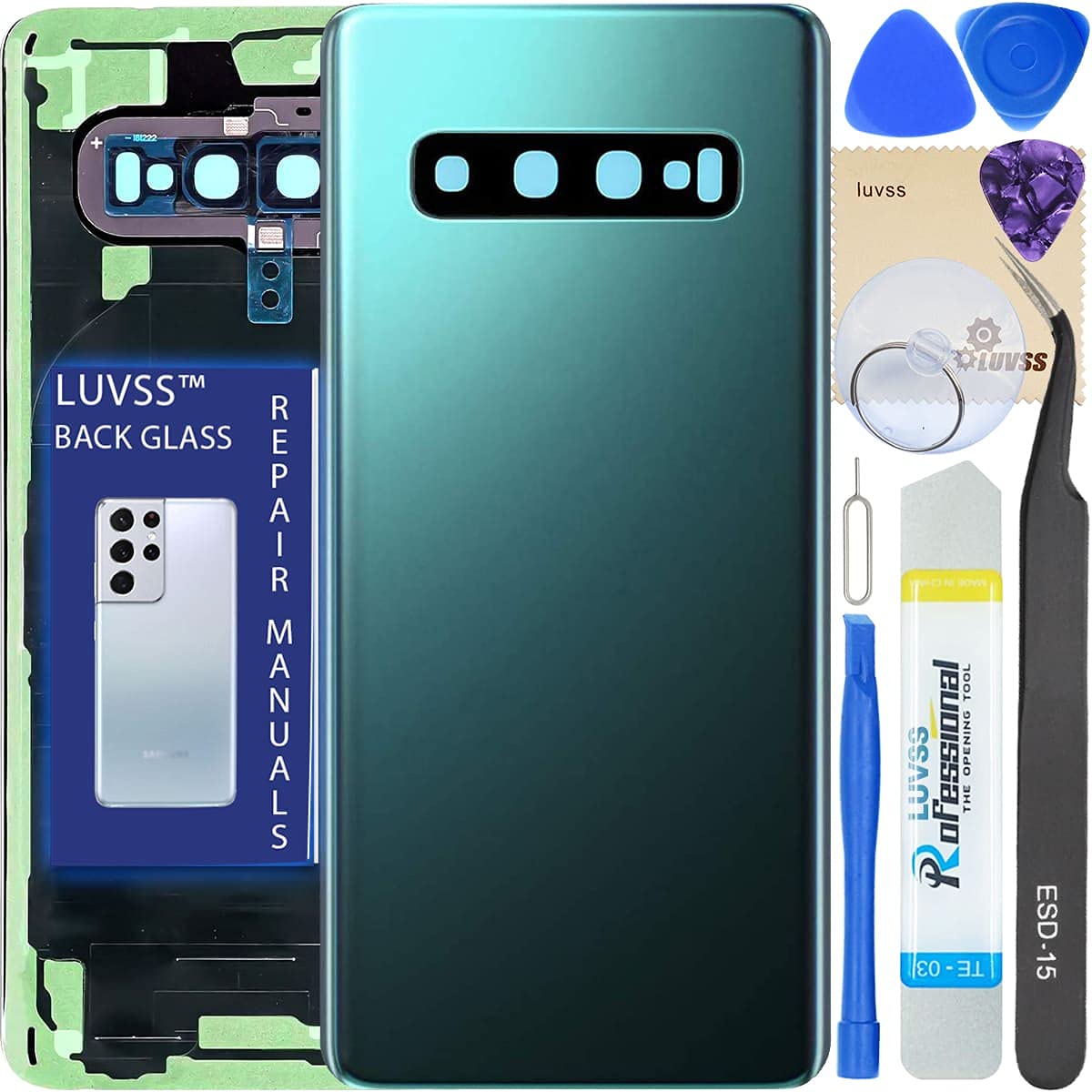 LUVSS Glass Back Cover Compatible with Samsung Galaxy S10 SM-G973F Glass Panel Replacement + Camera Lens + Repair Manual DIY Tools Kit -Prism Green