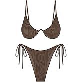 ZAFUL Women's Bikini Sets Ribbed Two Piece Swimsuits Underwire Adjustable Back Clasp Bathing Suit Side Tie Thong Swimwear