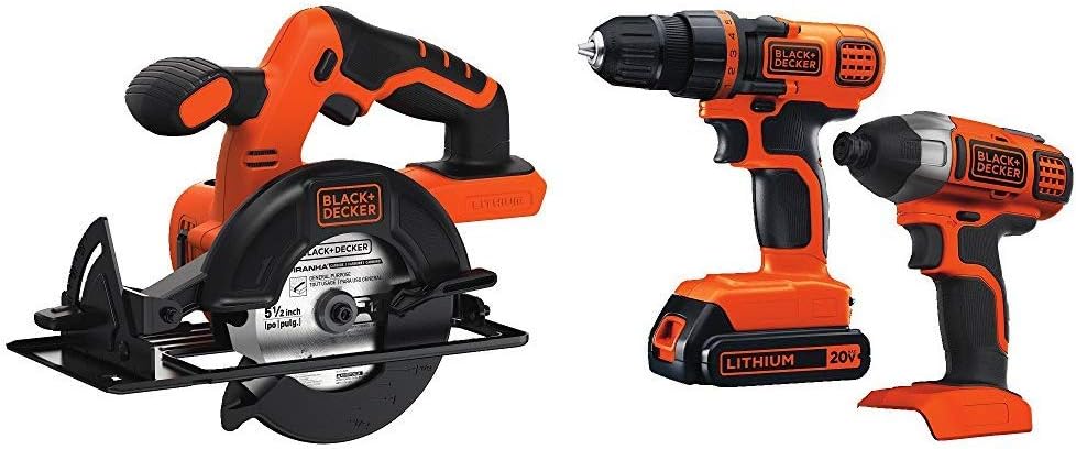 BLACK+DECKER BDCCS20B 20-volt Max Circular Saw Bare Tool, 5-1/2-Inch with Black & Decker 20V MAX Drill/Driver Impact Combo Kit
