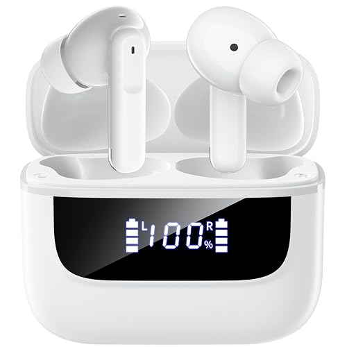 Wireless Earbuds, Bluetooth 5.4 In Ear Headphones HiFi Stereo Deep Bass Ear Buds 6 Mic ENC Noise Cancelling Clear Calls 48H Playtime Earphones LED Power Display IPX7 Waterproof, for Android iOS White