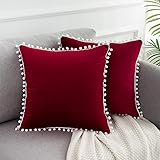 WLNUI Christmas Pillow Covers 18x18 Inch Set of 2 Soft Velvet Burgundy Throw Pillow Covers Square Decorative Cute Pom Poms Cu