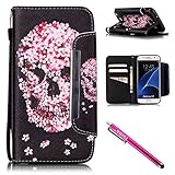 Galaxy S7 Case, Firefish Kickstand Flip [Card Slots] Wallet Cover Double Layer Bumper Shell with Magnetic Closure Strap Case for Samsung Galaxy S7-Skull