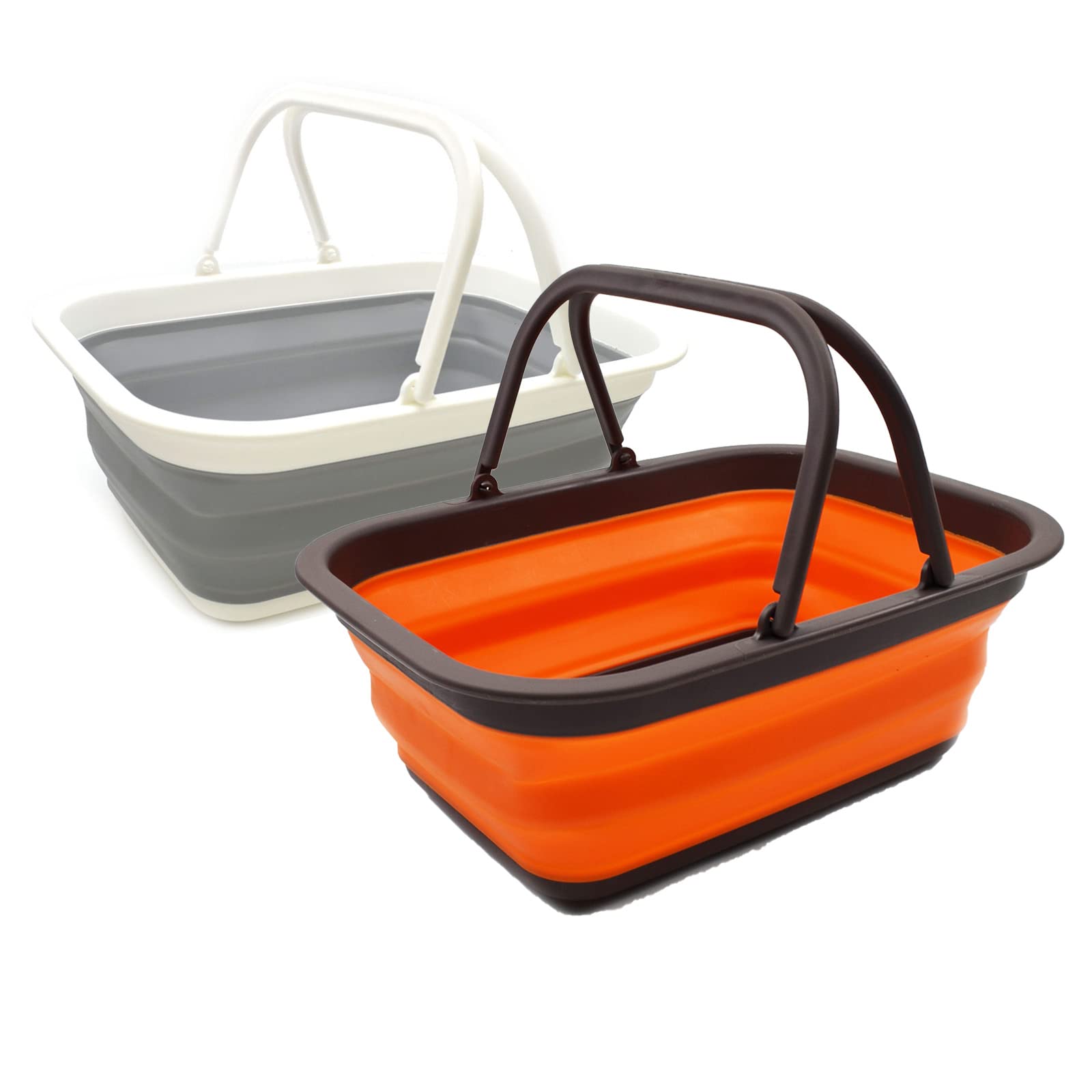 SAMMART 9.2L Collapsible Tub with Handle - Portable Outdoor Picnic Basket/Crater - Foldable Shopping Bag - Space Saving Storage Container (Grey & Orange, 2)