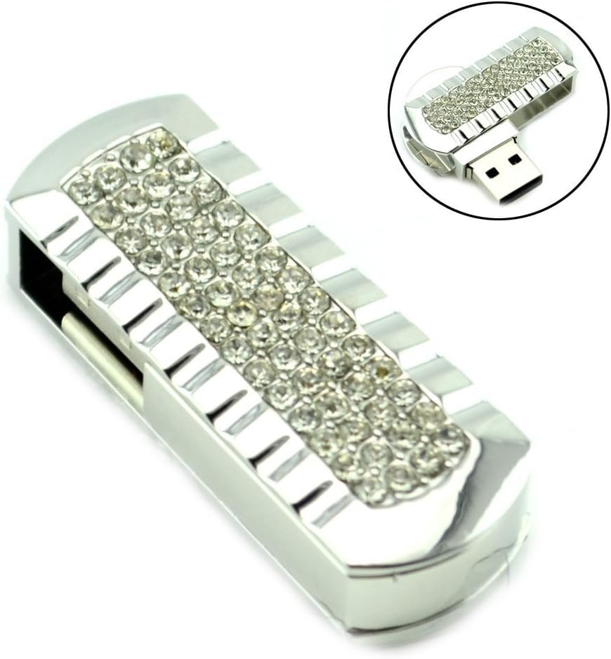 Shooo 32GB Mini Swivel USB Flash Drive Silver Crystals Fold Storage Thumb Stick