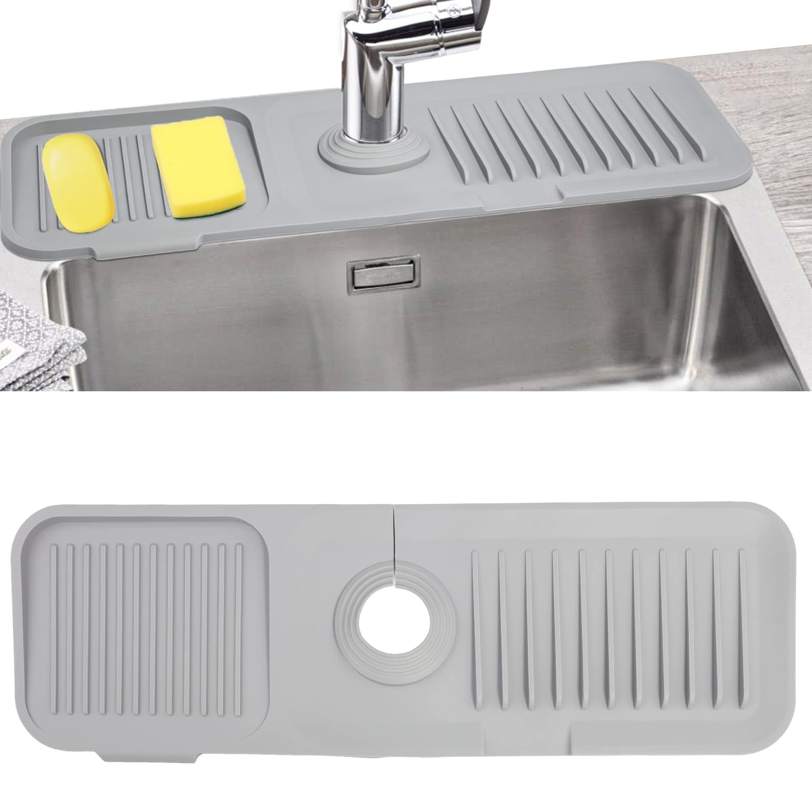 Sink Splash Guard, Silicone Sink Faucet Mat Sink Accessories Faucet Absorbent Mat for Kitchen, Bathroom, Sink Sponge Holder (Light Grey)