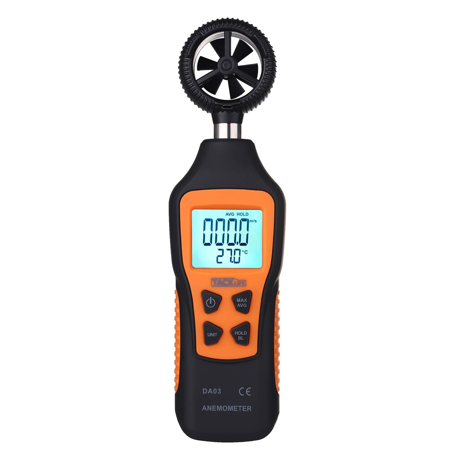 Anemómetro Termómetro, Tacklife DA03 Medidor de Velocidad de Aire (0.8~30.0 m/s), Medidor de Tempetratura (-10℃~60℃), Pantalla LCD Retroiluminada con Linterna, Alta Precisión, Batería Incluida