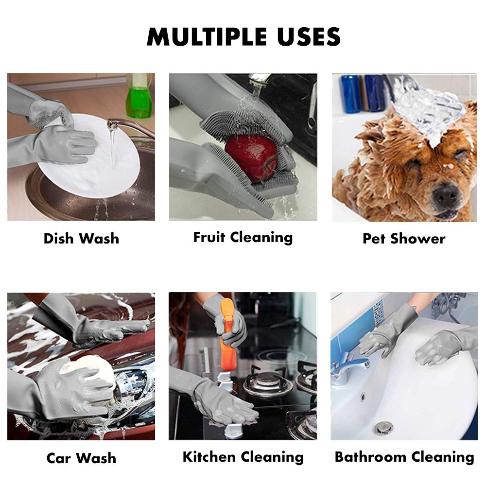 Upgrade Magic Silicone Cleaning Gloves Dishwashing Scrubber, Reusable Brush Scrubber Gloves with Bristles, Heat Resistant, Multi-functional, Perfect for Dish washing, Kitchen, Bathroom, Car and More