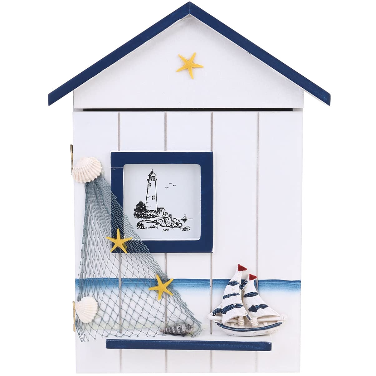 BESPORTBLE Organizing Box 1PC Keys Storage Holder House Shape Box Wooden Keys Case Wall Mounted Decor Mediterranean Style Ornament (Sail and Star) House Keychain