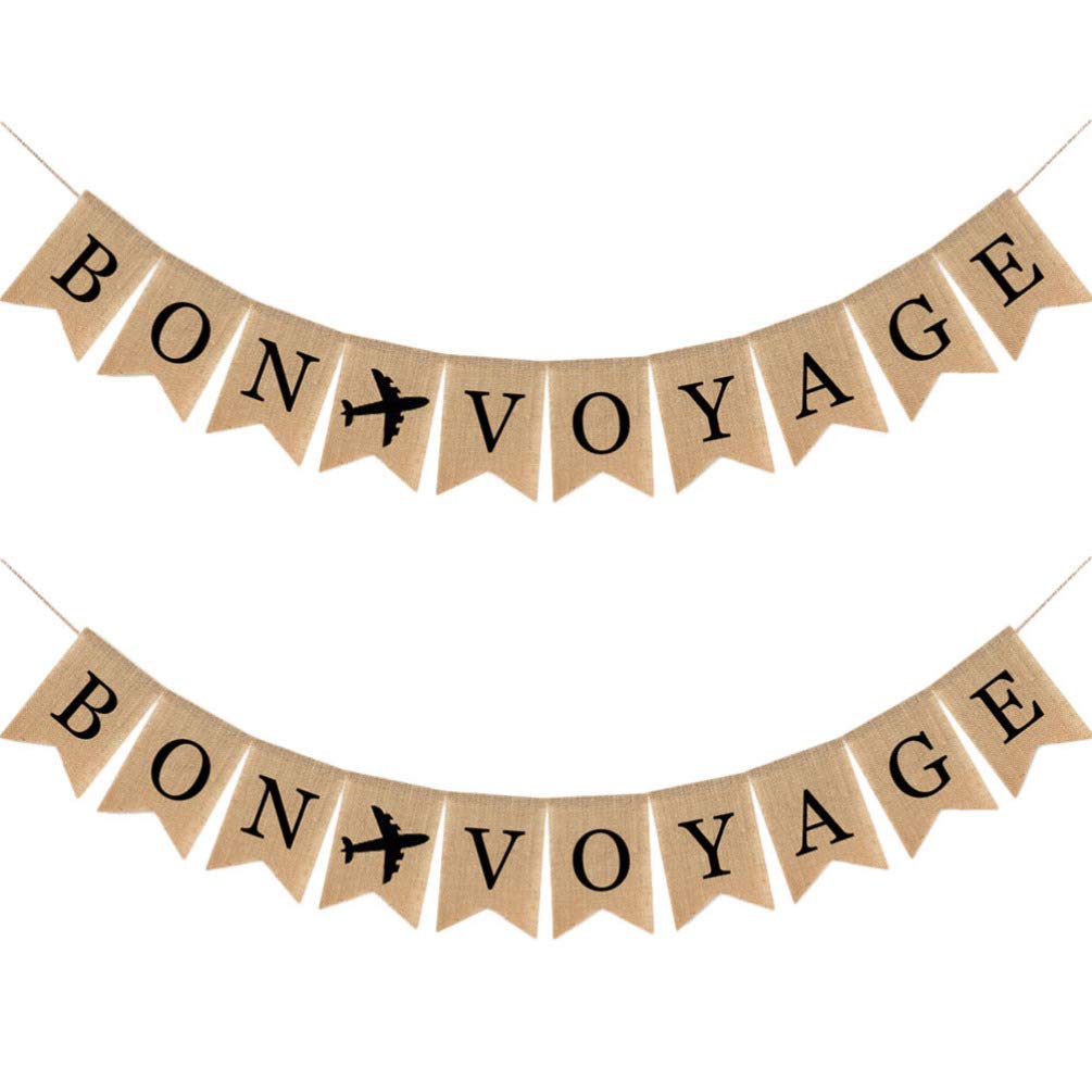 Amosfun 2pcs Bon Voyage Burlap Banner Bunting Garland Farewell Adventure Awaits Goodbye Retirement Office Party Decorations Supplies