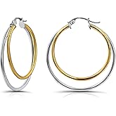 Hoops & Loops 925 Sterling Silver Double Circle Hoop Earrings for Women - 30mm Layered Stacked Circle Round-Tube Click-Top Hoops, Two-Tone 14K Yellow Gold, Rose Gold Flash Plated, Black
