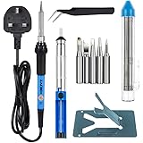 Soldering Iron Set, Zacro 60W 230V Soldering Iron Kits - with 5pcs Different Tips, Desoldering Pump, Stand, Anti-static Tweezers and Additional Solder Tube - Adjustable Temperature