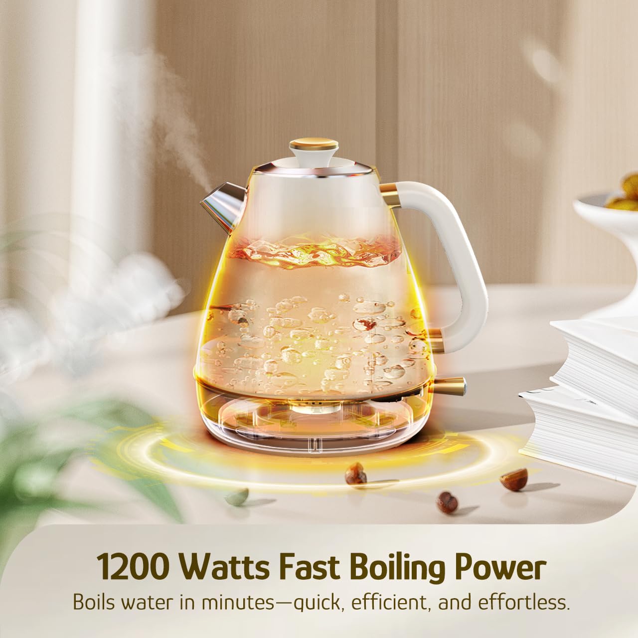 Hazel Quinn Hervidor eléctrico retro - Tetera de 1,7 litros / 57,5 ​​onzas con termómetro, totalmente de acero inoxidable, 1200 vatios de ebullición rápida, sin BPA, inalámbrico, apagado automático - Blanco perla